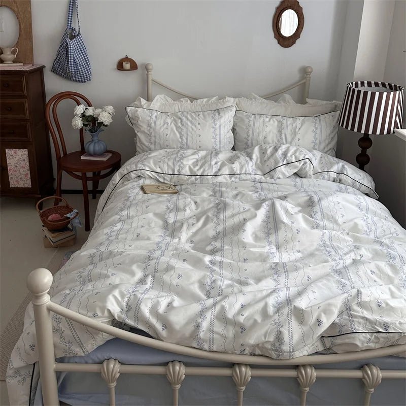White Floral Ruffle Cotton Bedding Set - WhisperLinens