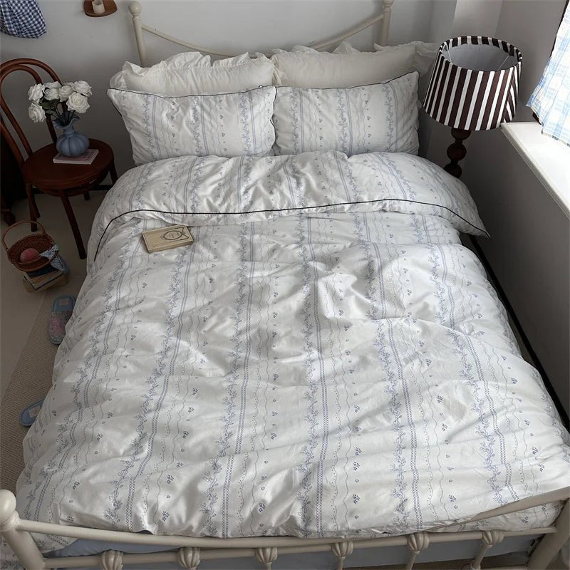 White Floral Ruffle Cotton Bedding Set - WhisperLinens
