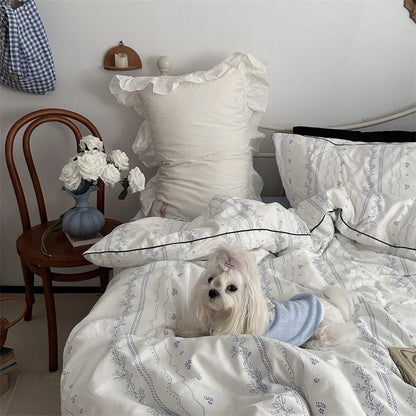 White Floral Ruffle Cotton Bedding Set - WhisperLinens