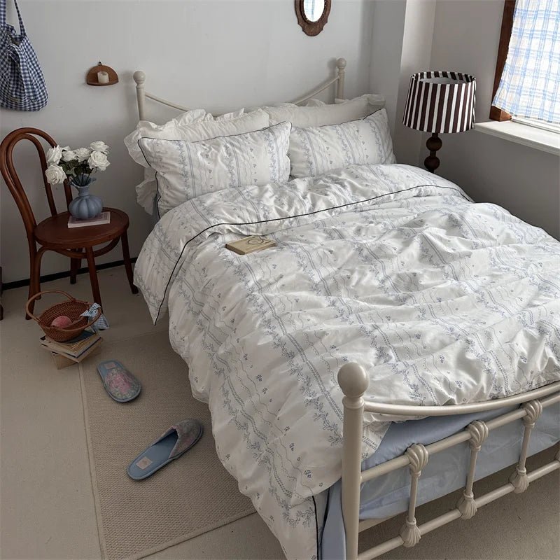 White Floral Ruffle Cotton Bedding Set - WhisperLinens