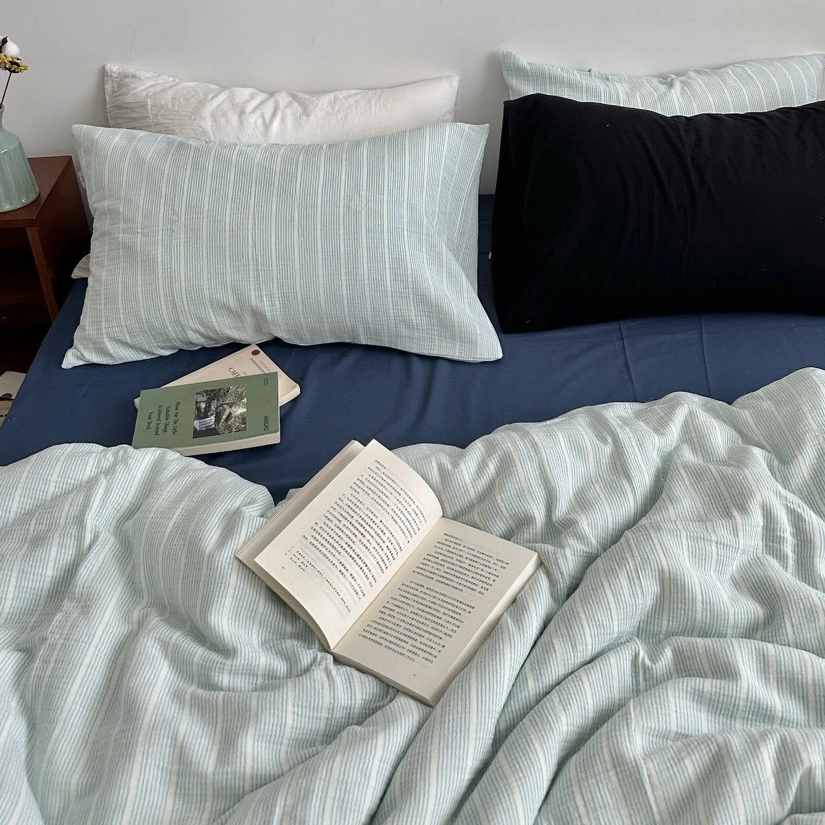 Wrenfield Crinkle Pinstripe Cotton Bedding Set - WhisperLinens