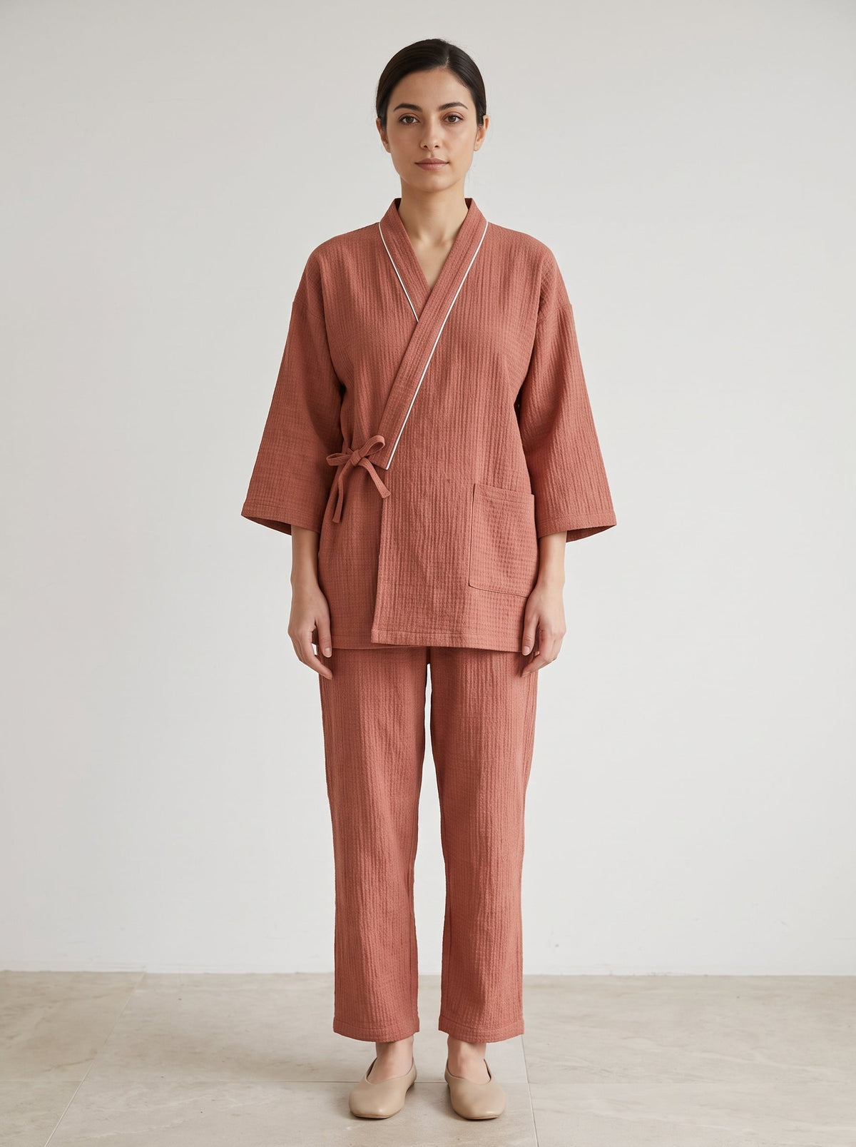 Zen Wrap Kimono Textured Cotton Pajama Set - WhisperLinens