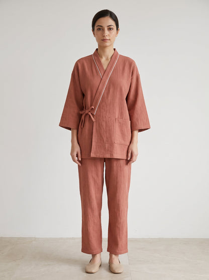 Zen Wrap Kimono Textured Cotton Pajama Set - WhisperLinens