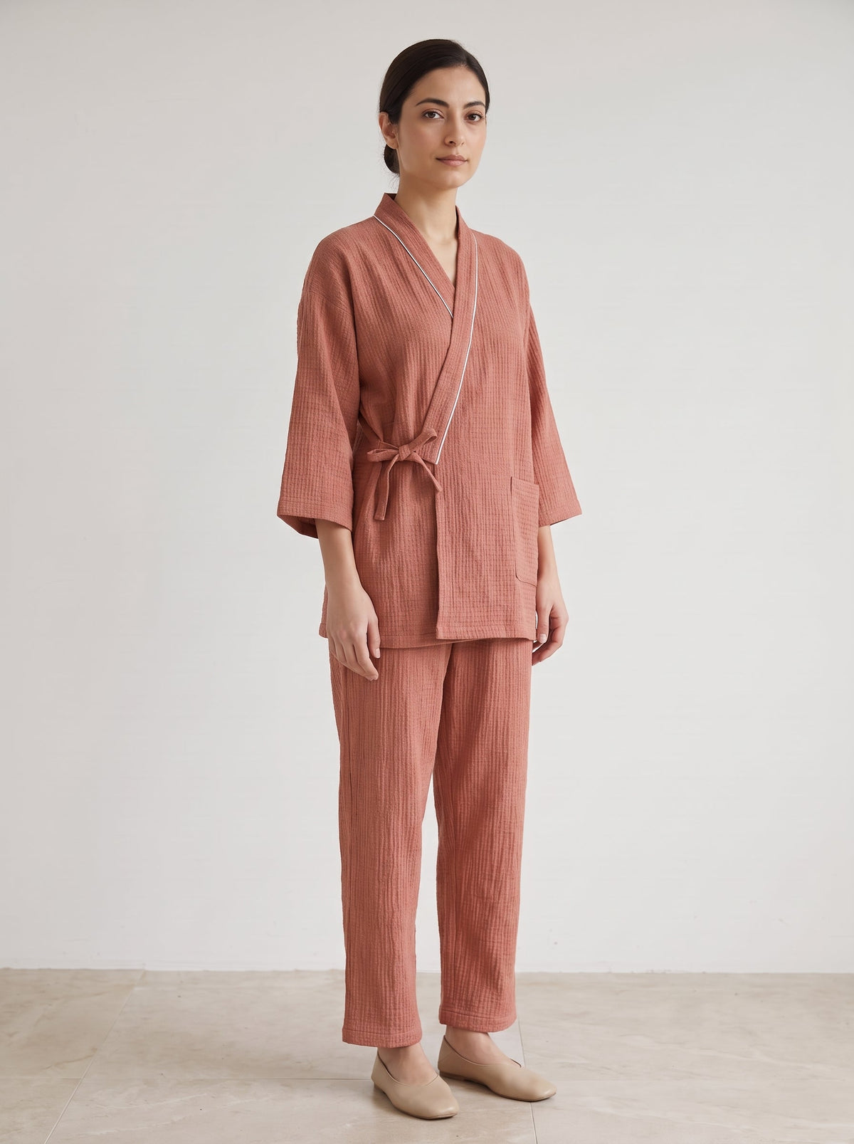 Zen Wrap Kimono Textured Cotton Pajama Set - WhisperLinens