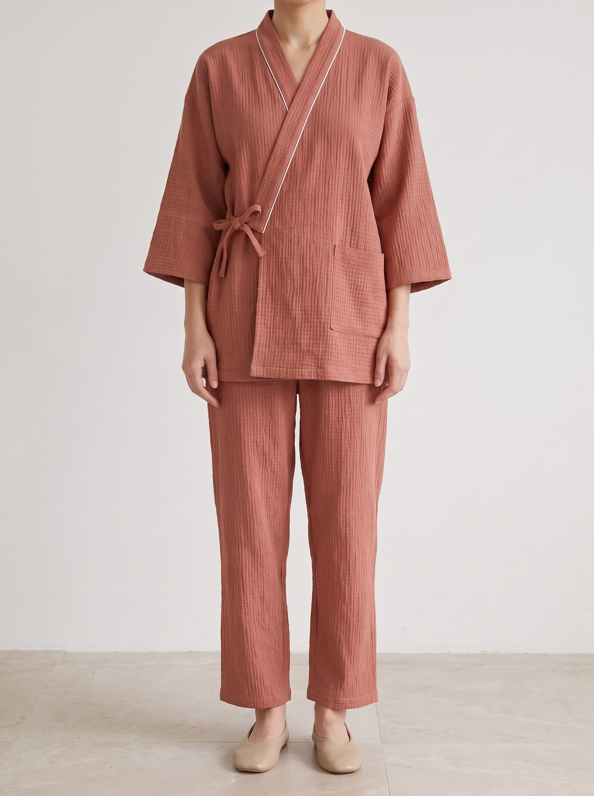 Zen Wrap Kimono Textured Cotton Pajama Set - WhisperLinens