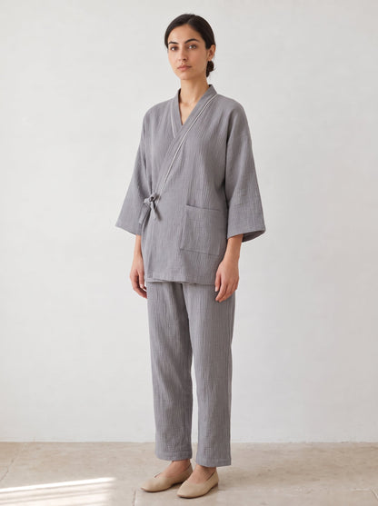 Zen Wrap Kimono Textured Cotton Pajama Set - WhisperLinens