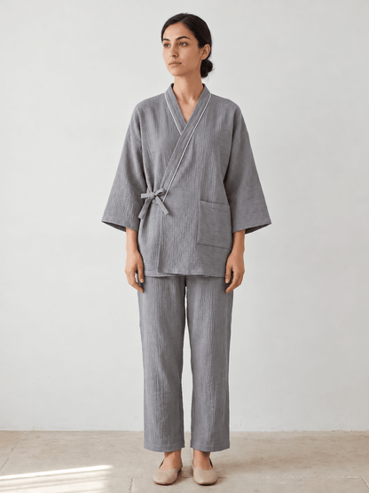 Zen Wrap Kimono Textured Cotton Pajama Set - WhisperLinens