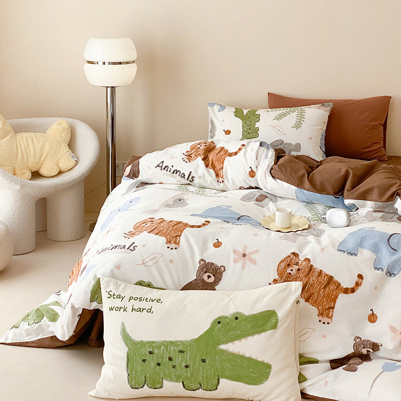 Menagerie Animal Print Cotton Bedding Set - cream animal-print duvet cover with crocodile slogan pillowcase - WhisperLinens